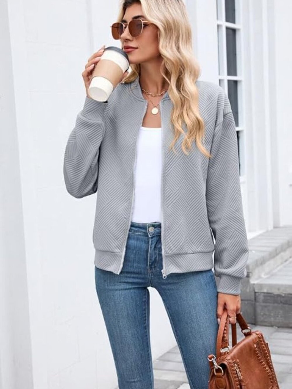 Women's Grey Stylish Textured Casual Lightweight Trendy Outerwear Bomber Jacket